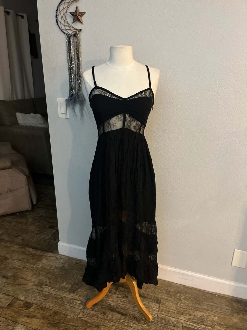 Shakuhachi Black Lace Panel Rayon Maxi Dress Size 2